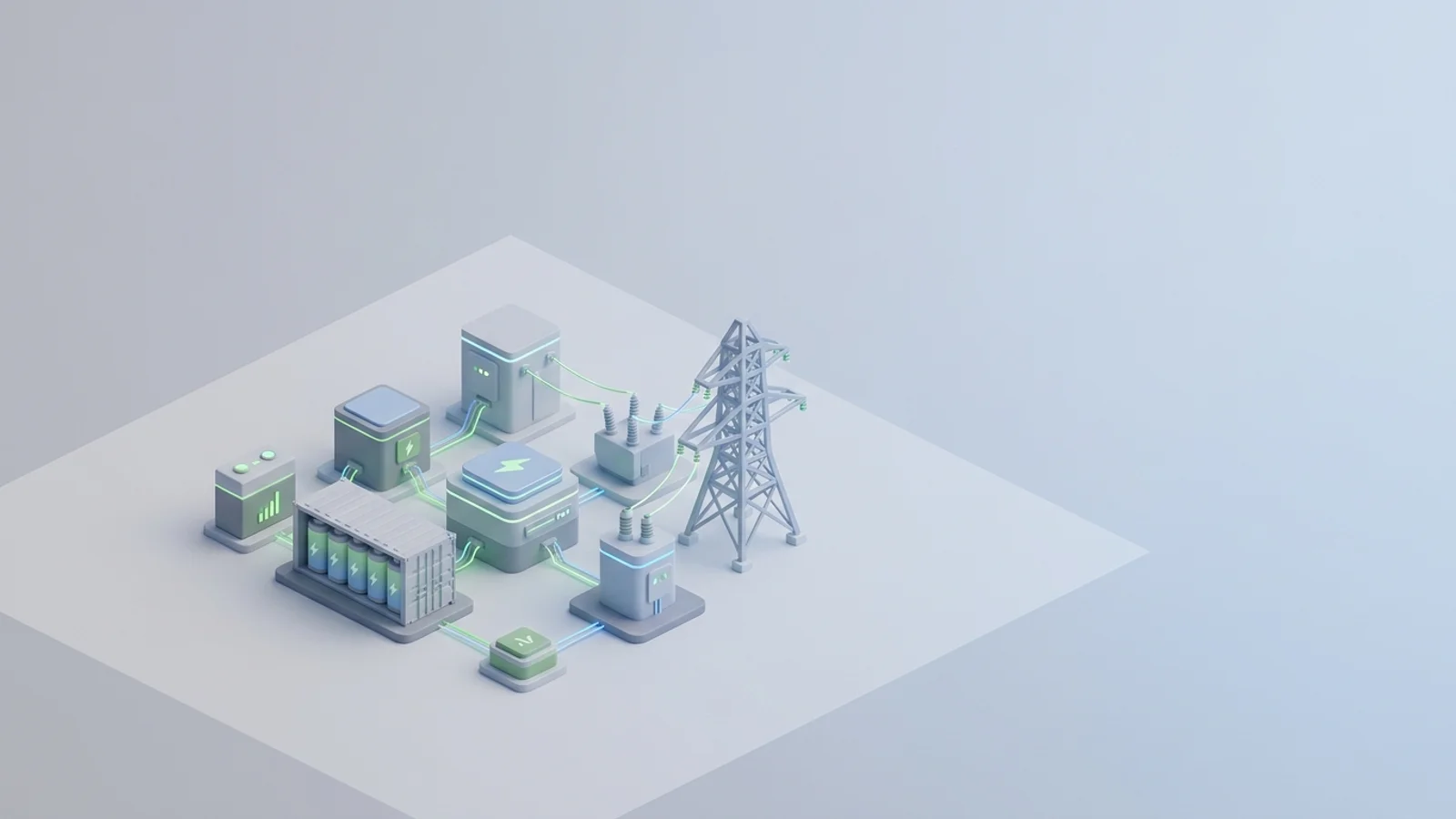 Isometric 3D illustration of substation and analytics node cluster with battery container and transmission tower