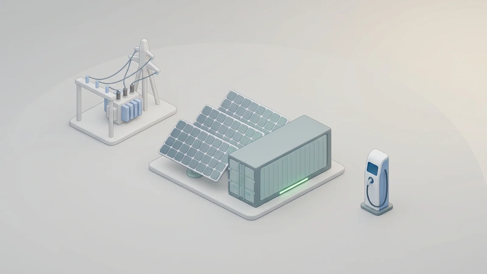 Isometric 3D illustration of solar array and battery container with substation and EV charger station
