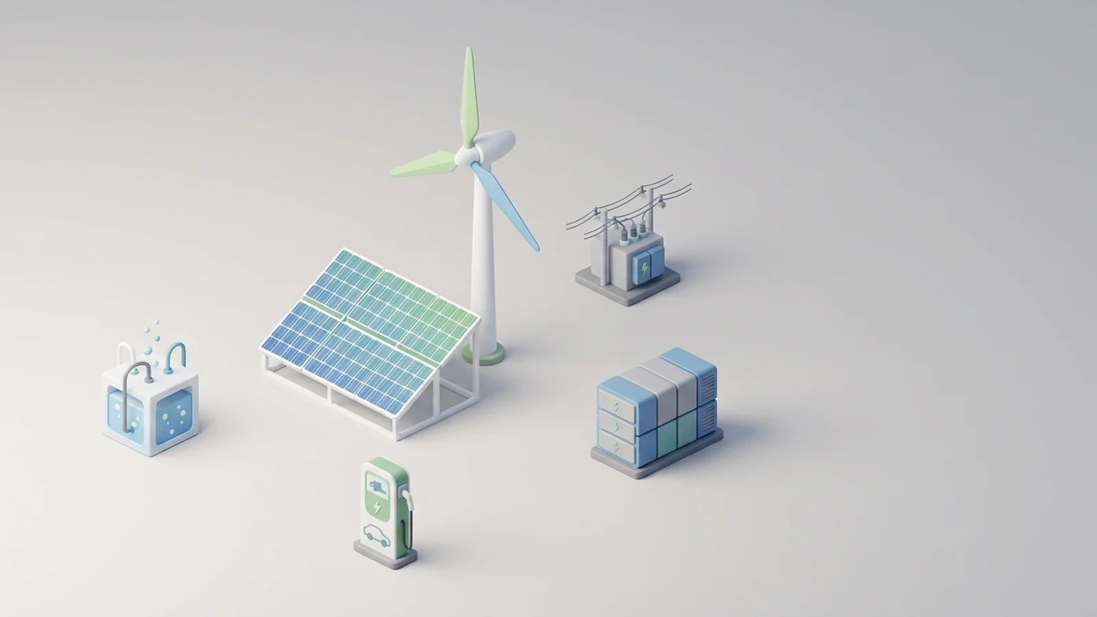 Isometric 3D illustration of solar array and wind turbine with battery container and substation