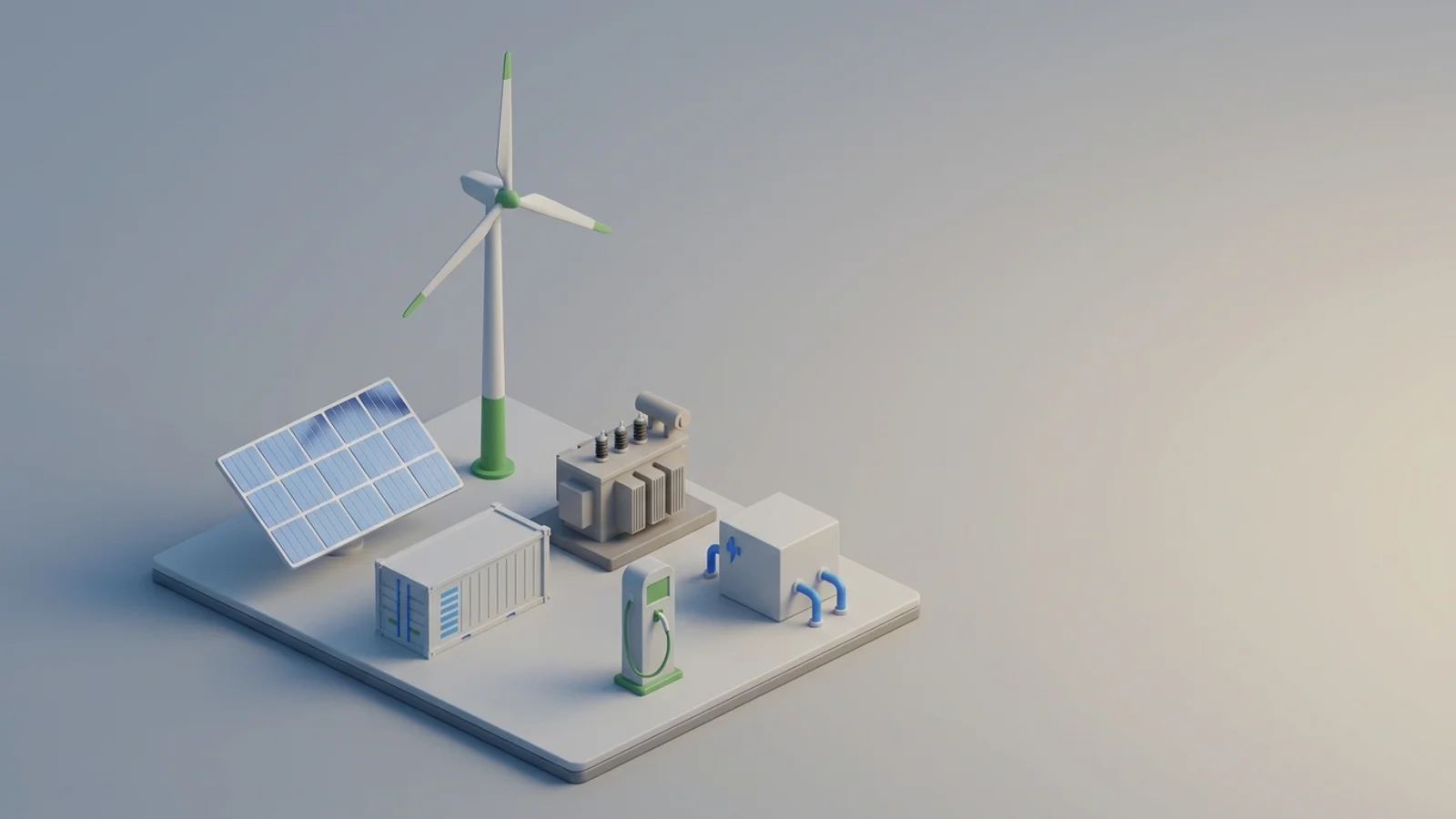 Isometric 3D illustration of solar array and wind turbine with battery container and substation