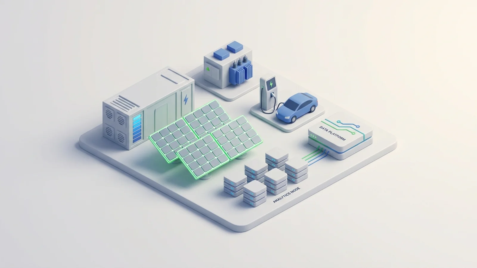 Isometric 3D illustration of solar array and battery container with substation and EV charger station