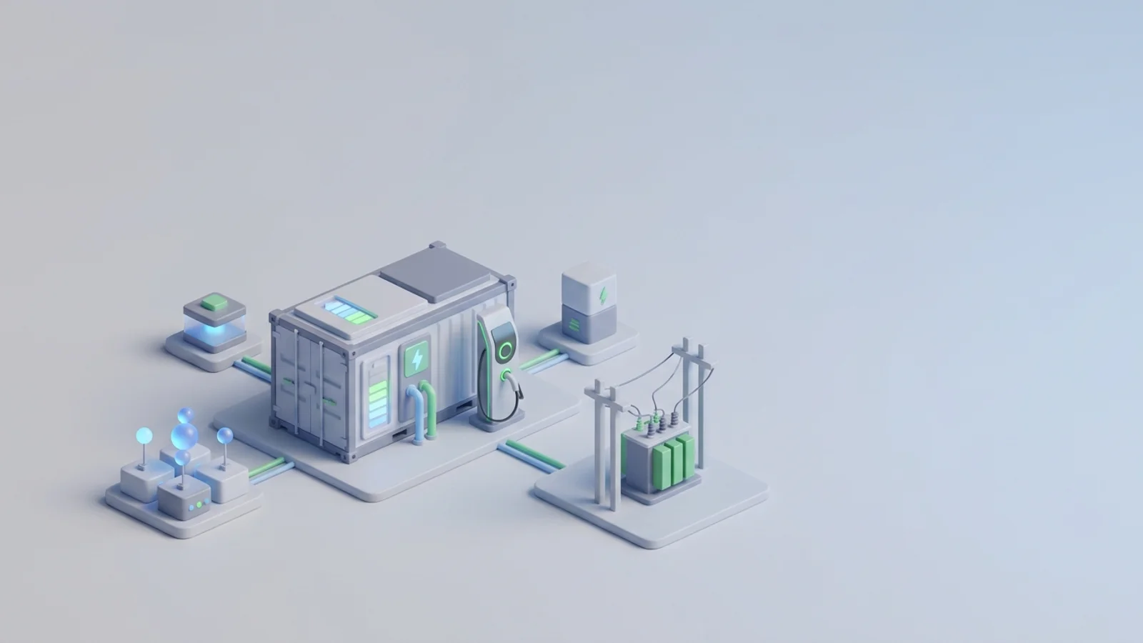 Isometric 3D illustration of battery container and EV charger station with analytics node cluster and substation