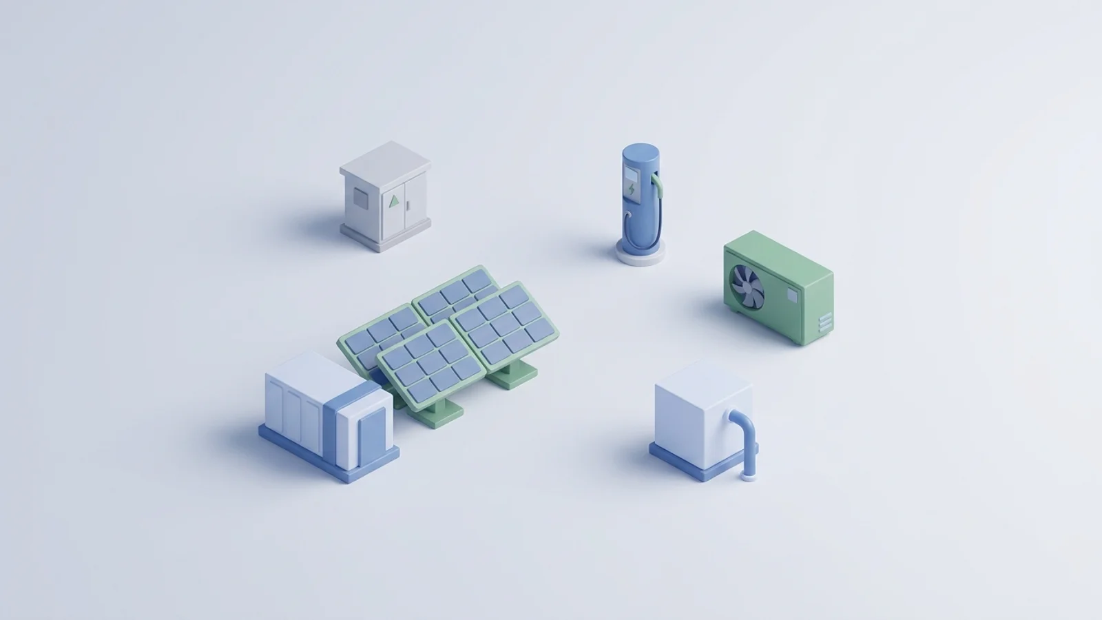 Isometric 3D illustration of solar array and battery container with substation and EV charger station