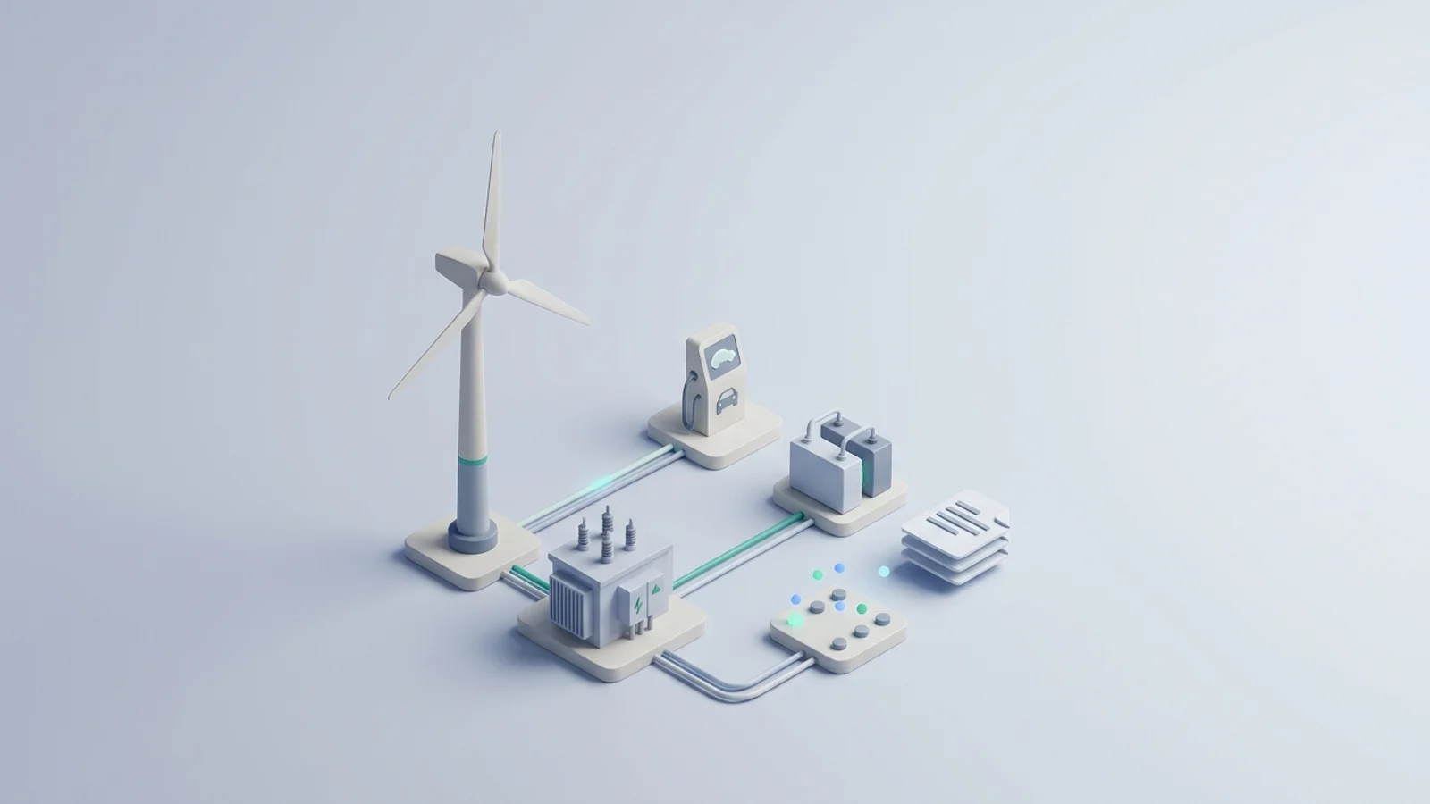 Isometric 3D illustration of wind turbine and substation with EV charger station and electrolyzer block