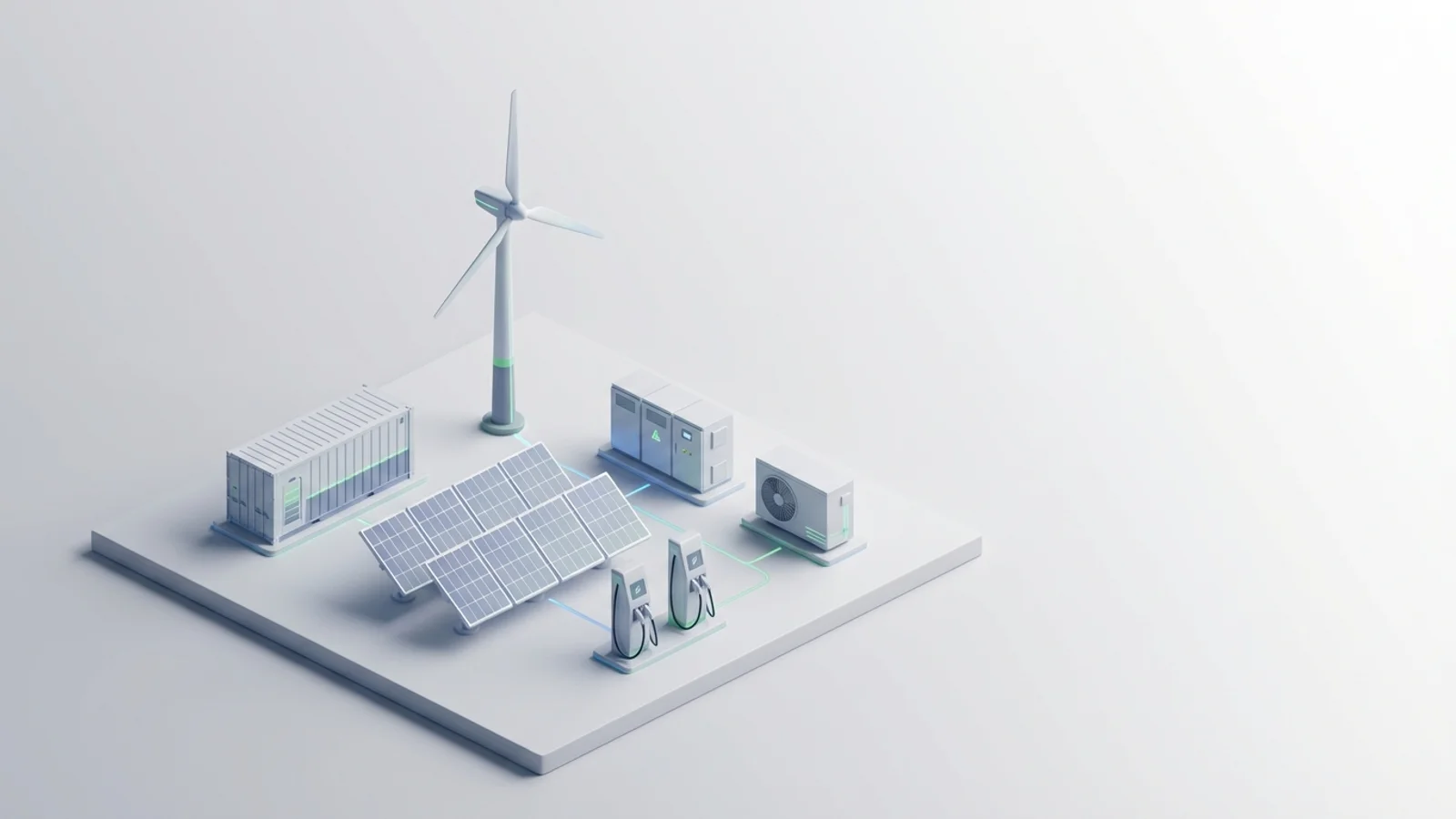 Isometric 3D illustration of solar array and wind turbine with battery container and substation
