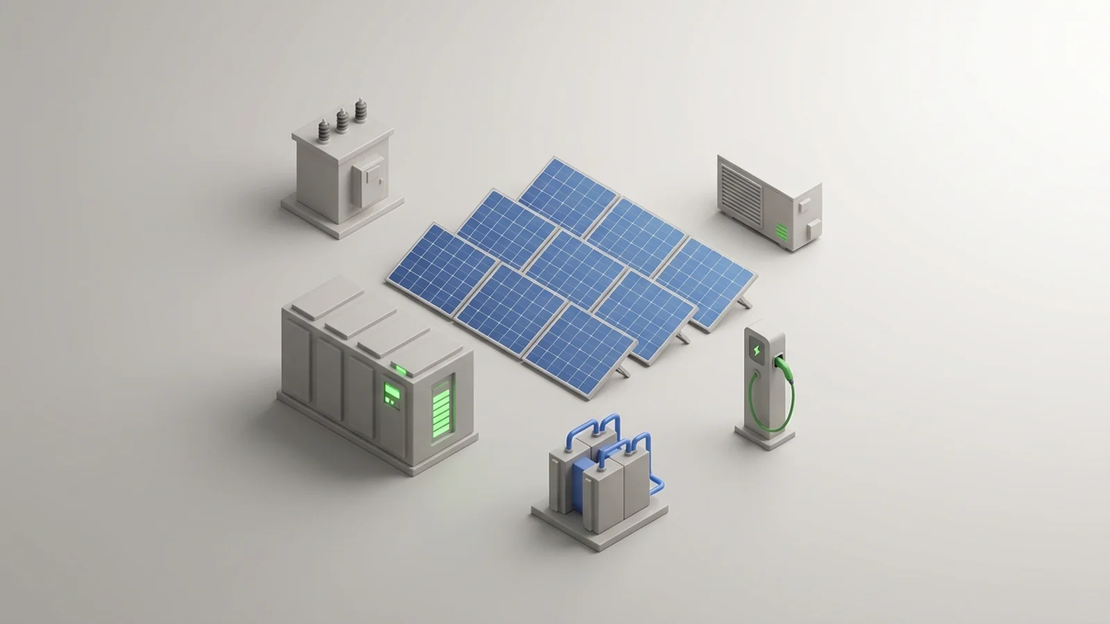 Isometric 3D illustration of solar array and battery container with substation and EV charger station