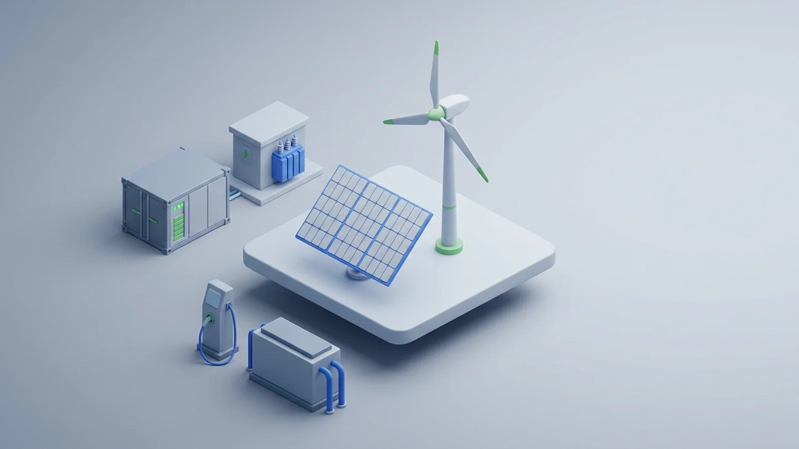 Isometric 3D illustration of solar array and wind turbine with battery container and substation