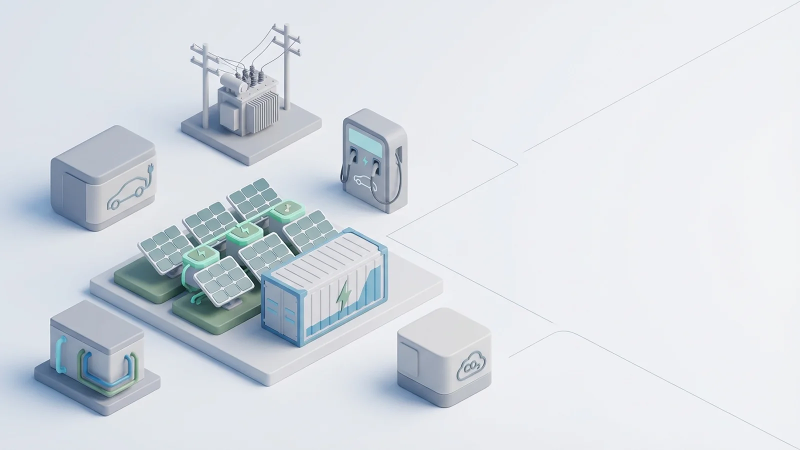 Isometric 3D illustration of solar array and battery container with substation and EV charger station