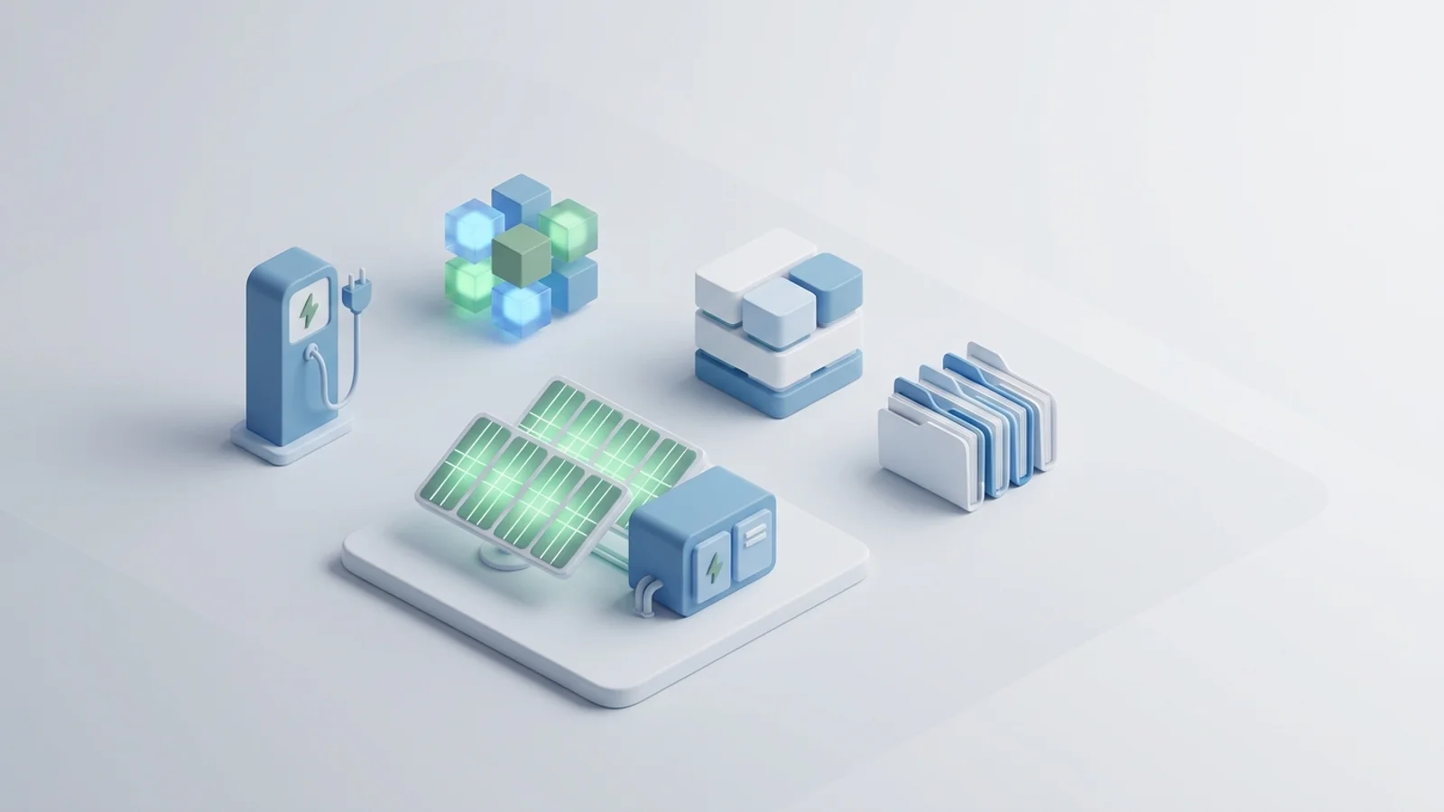 Isometric 3D illustration of solar array and substation with EV charger station and analytics node cluster