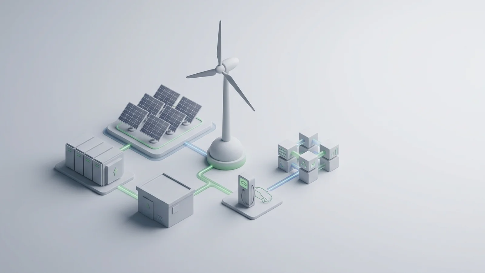 Isometric 3D illustration of solar array and wind turbine with battery container and substation
