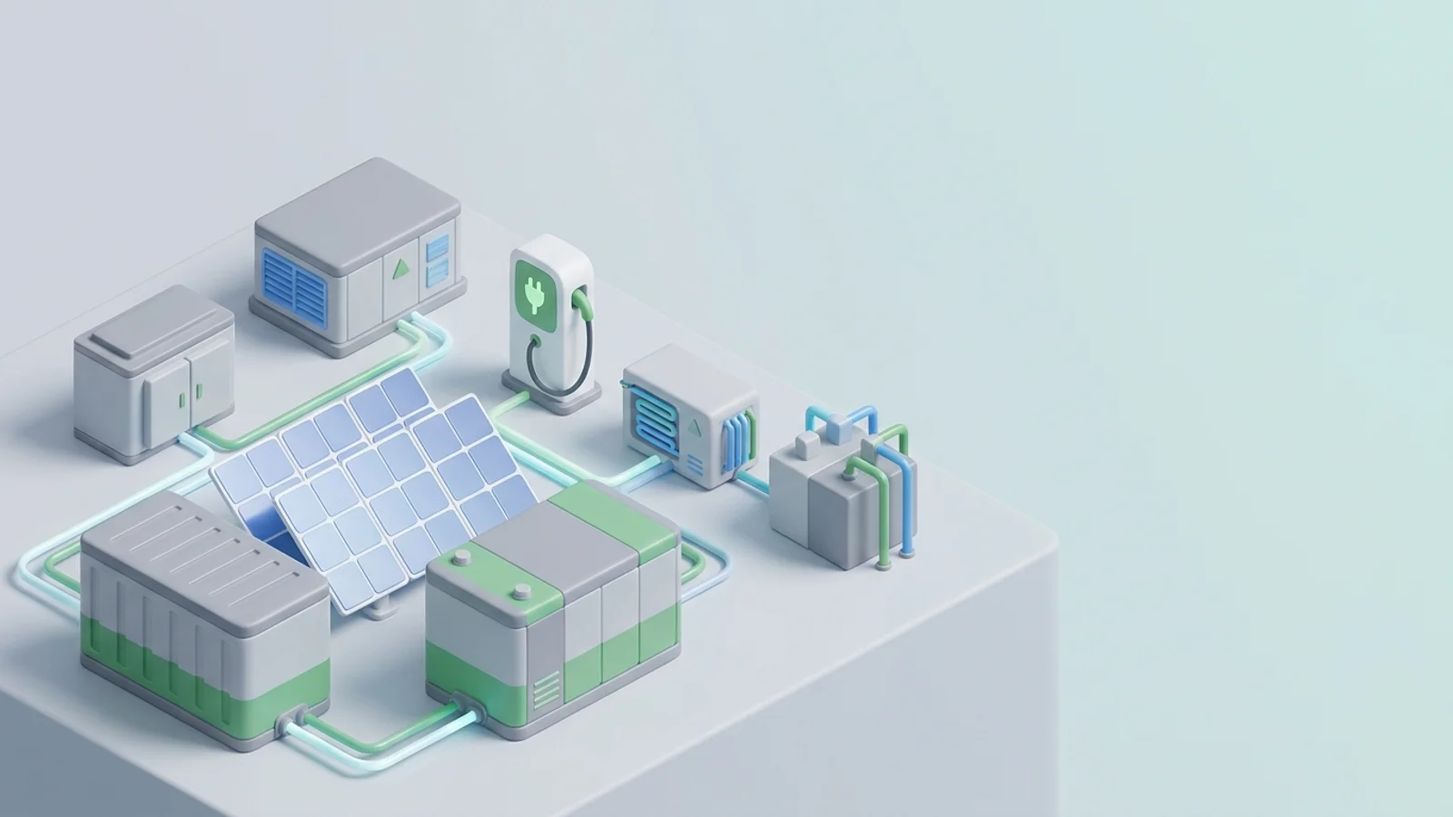 Isometric 3D illustration of solar array and battery container with substation and EV charger station