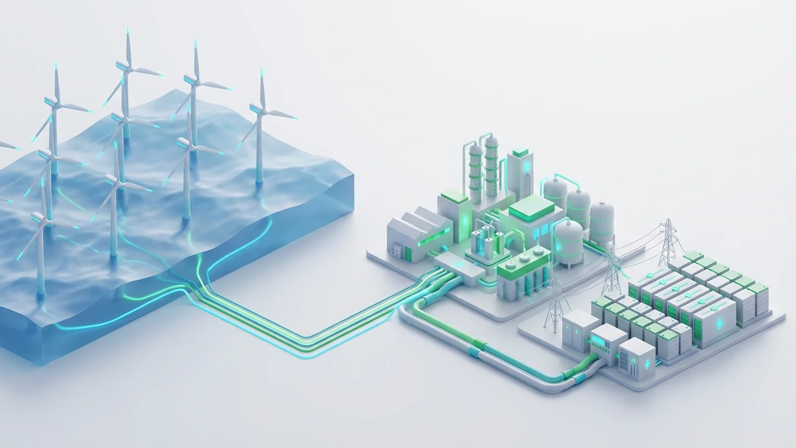 Isometric 3D illustration of An isometric scene featuring a sprawling offshore wind farm with turbines towering over the sea, connected by subsea cables to a large coastal green hydrogen production facility, which sits adjacent to a massive grid-scale battery storage complex, all rendered with clean lines.