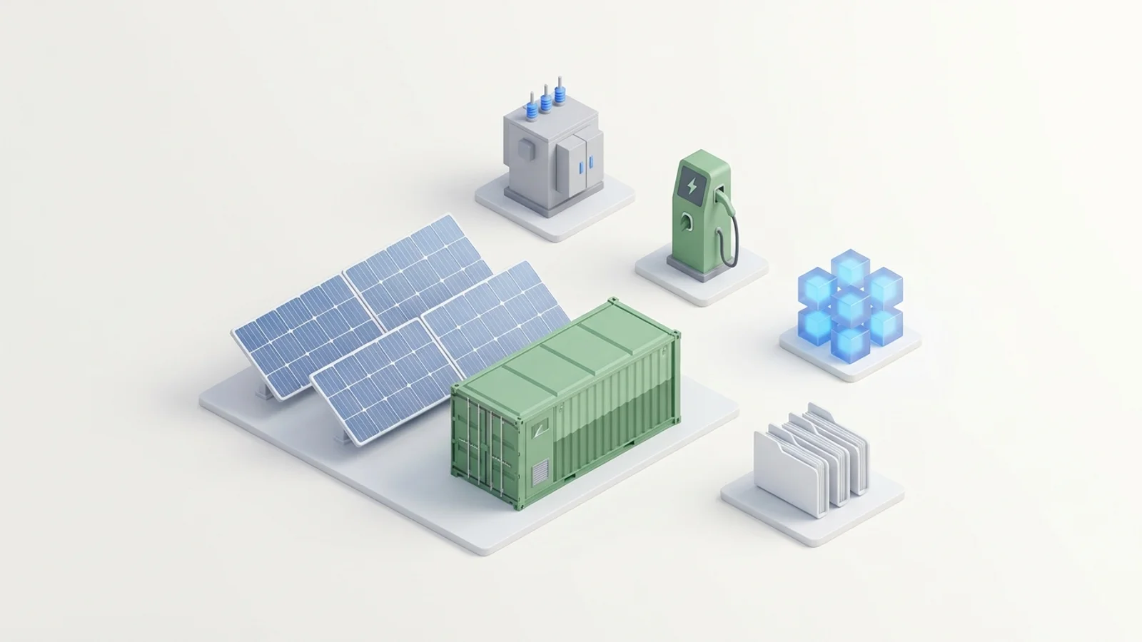 Isometric 3D illustration of solar array and battery container with substation and EV charger station