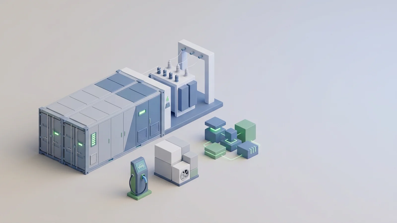 Isometric 3D illustration of battery container and substation with EV charger station and heat pump unit