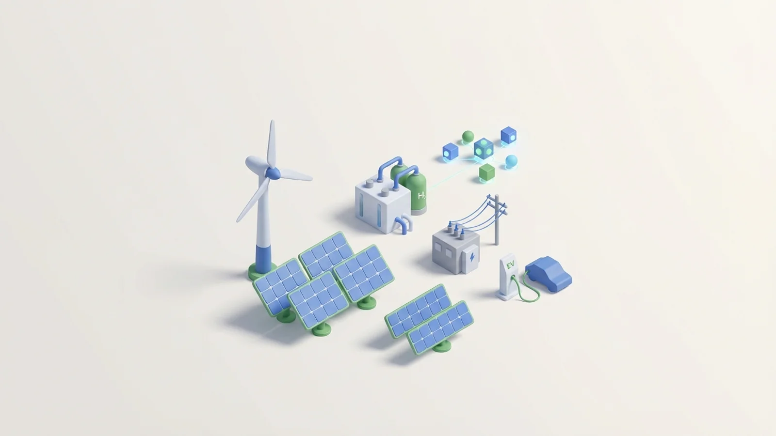 Isometric 3D illustration of solar array and wind turbine with substation and EV charger station