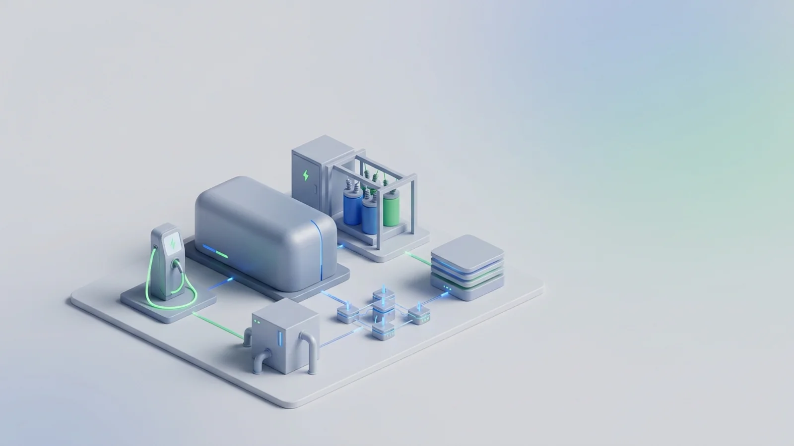 Isometric 3D illustration of battery container and substation with EV charger station and electrolyzer block
