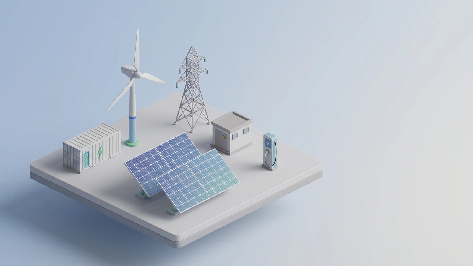 Isometric 3D illustration of solar array and wind turbine with battery container and substation