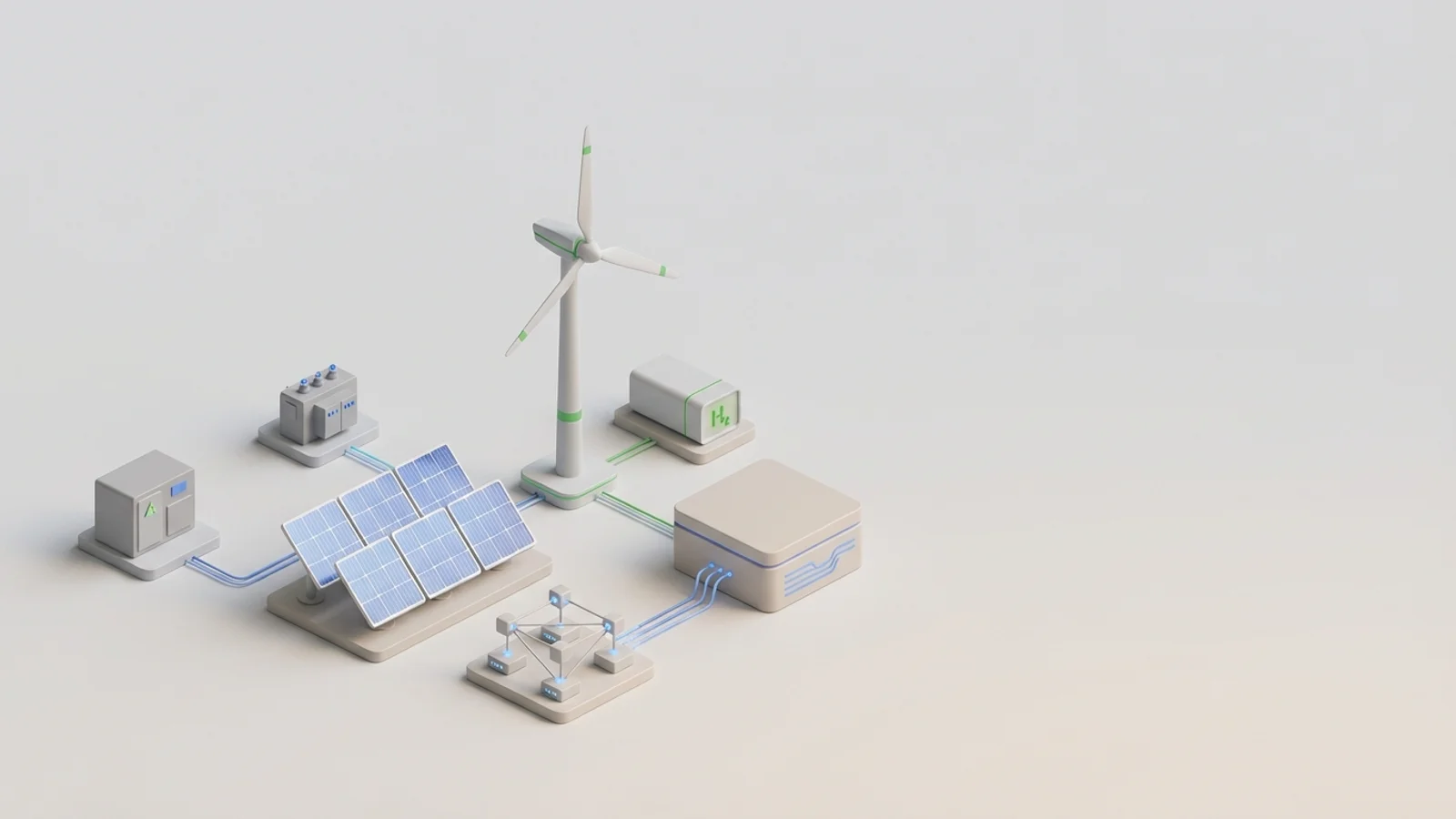 Isometric 3D illustration of solar array and wind turbine with substation and electrolyzer block
