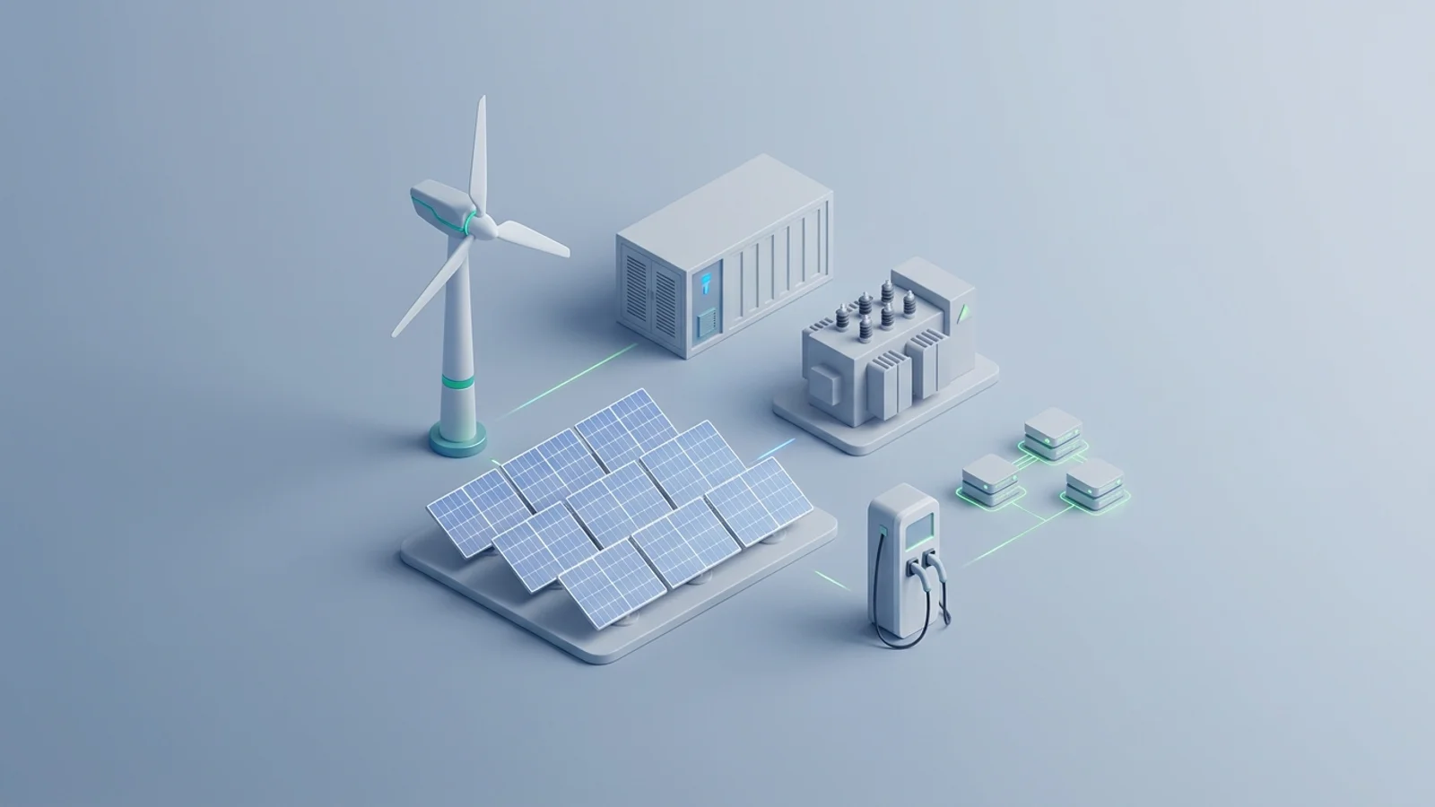 Isometric 3D illustration of solar array and wind turbine with battery container and substation
