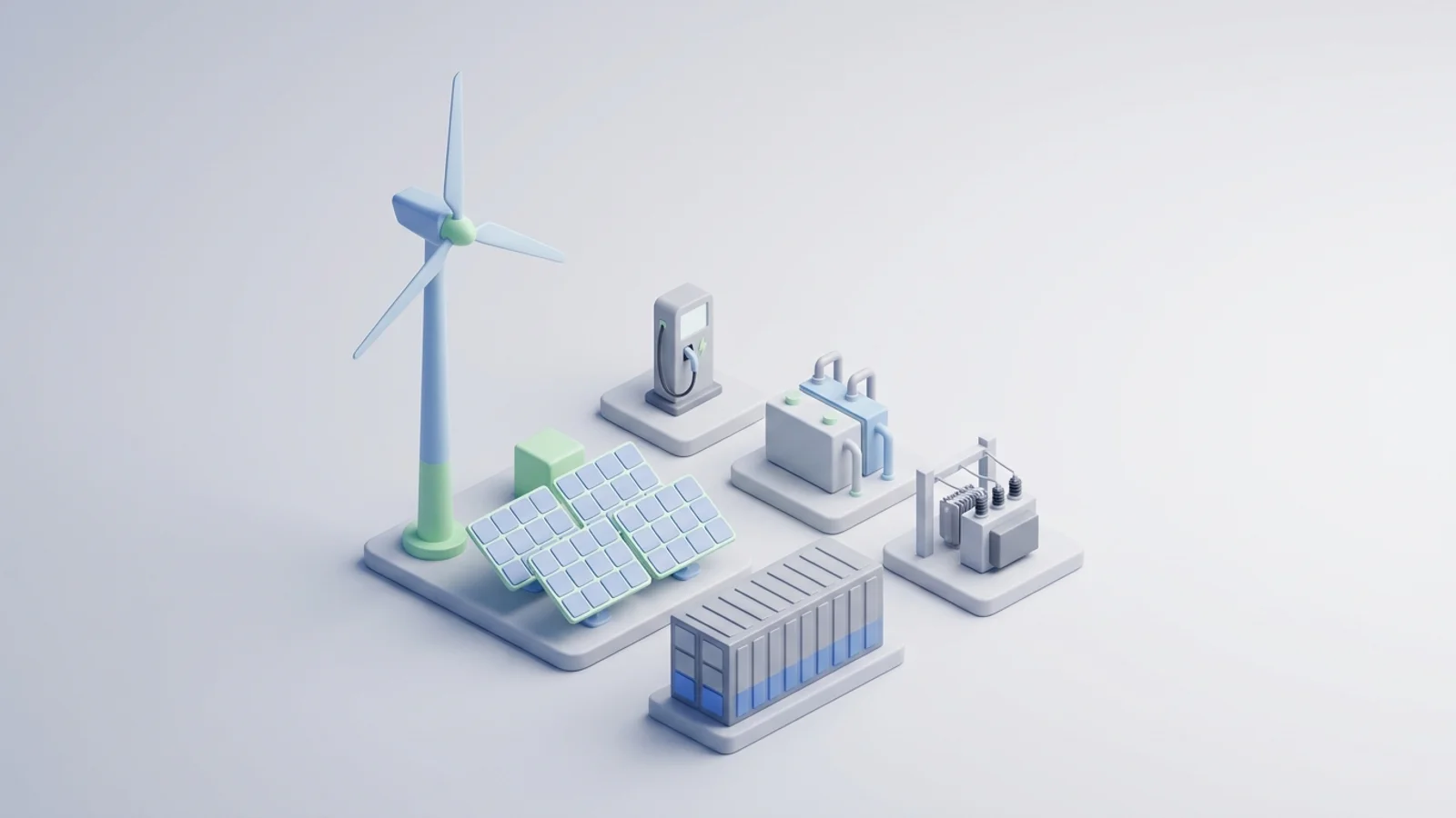 Isometric 3D illustration of solar array and wind turbine with battery container and substation