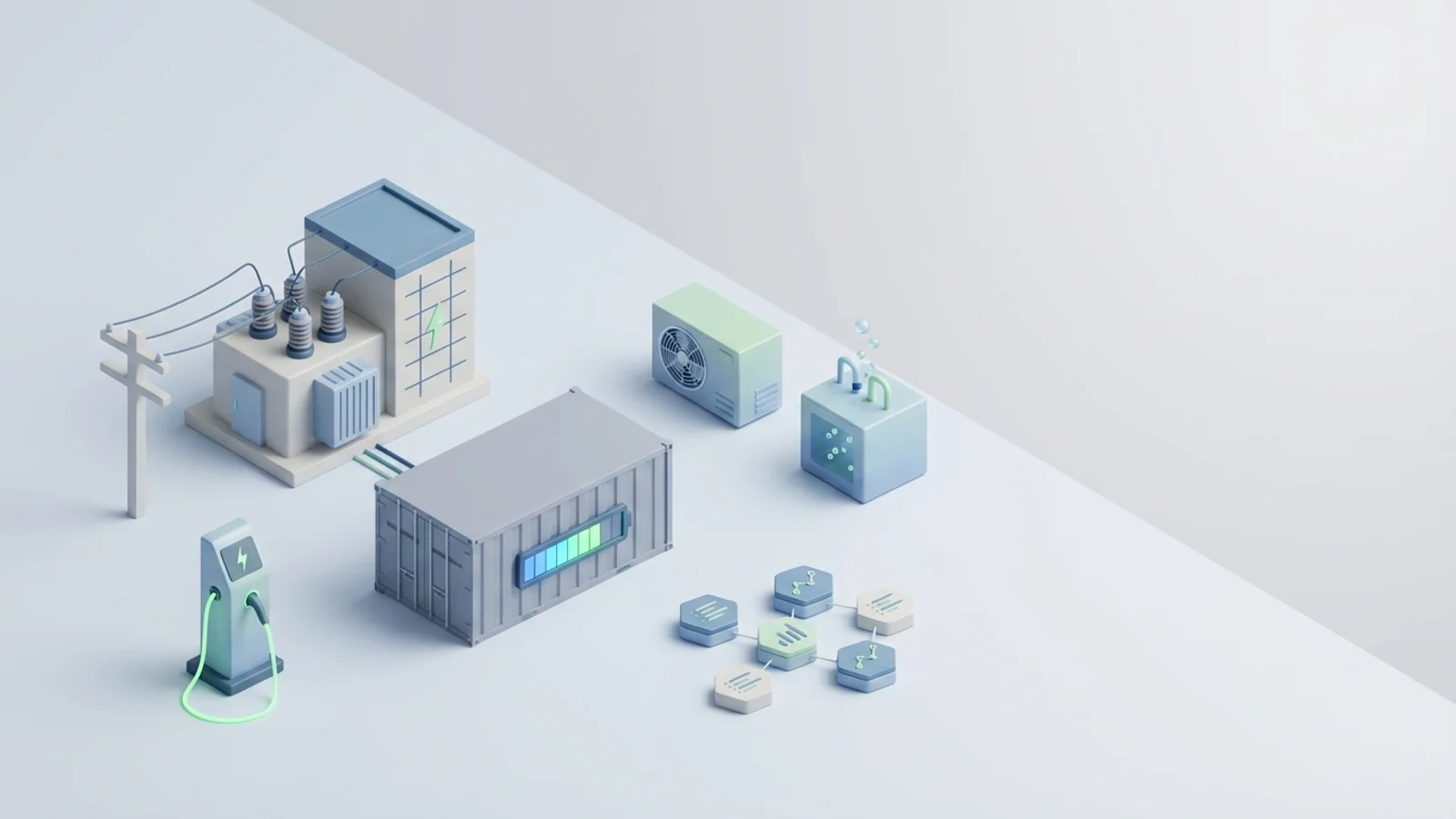Isometric 3D illustration of battery container and substation with EV charger station and heat pump unit