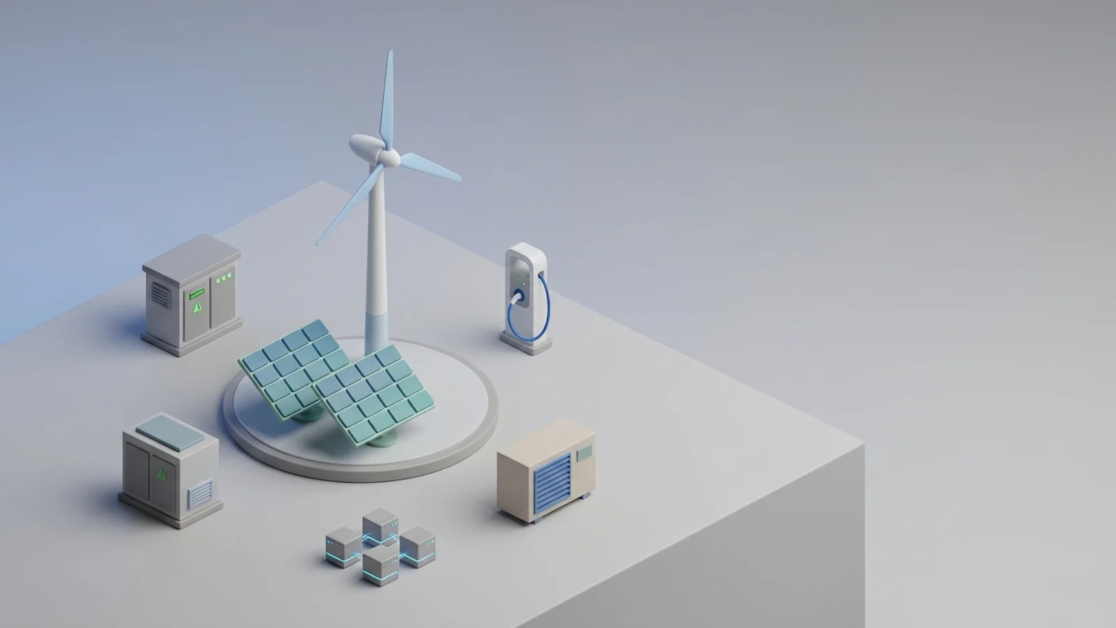 Isometric 3D illustration of solar array and wind turbine with substation and EV charger station