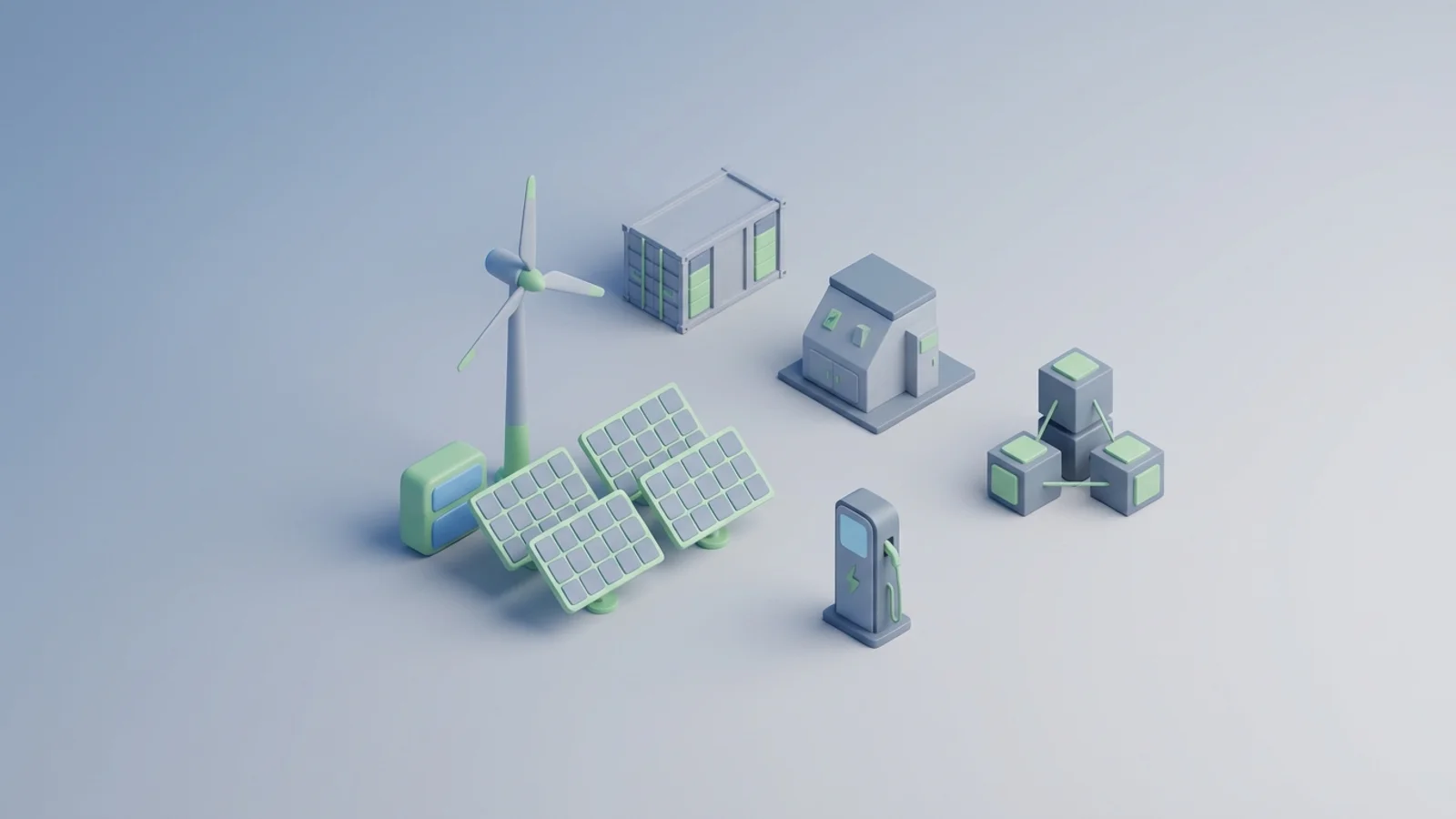 Isometric 3D illustration of solar array and wind turbine with battery container and substation