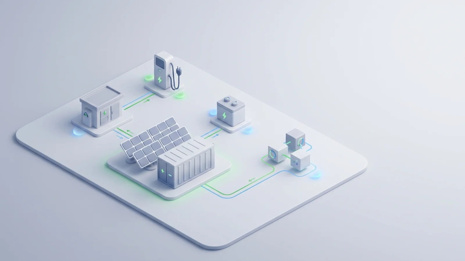 Isometric 3D illustration of solar array and battery container with substation and EV charger station