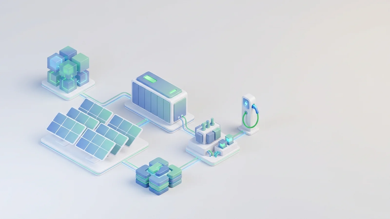 Isometric 3D illustration of solar array and battery container with substation and EV charger station