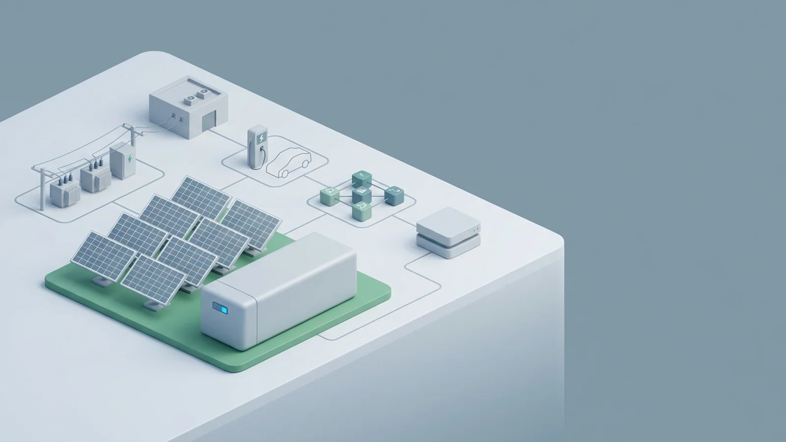 Isometric 3D illustration of solar array and battery container with substation and EV charger station