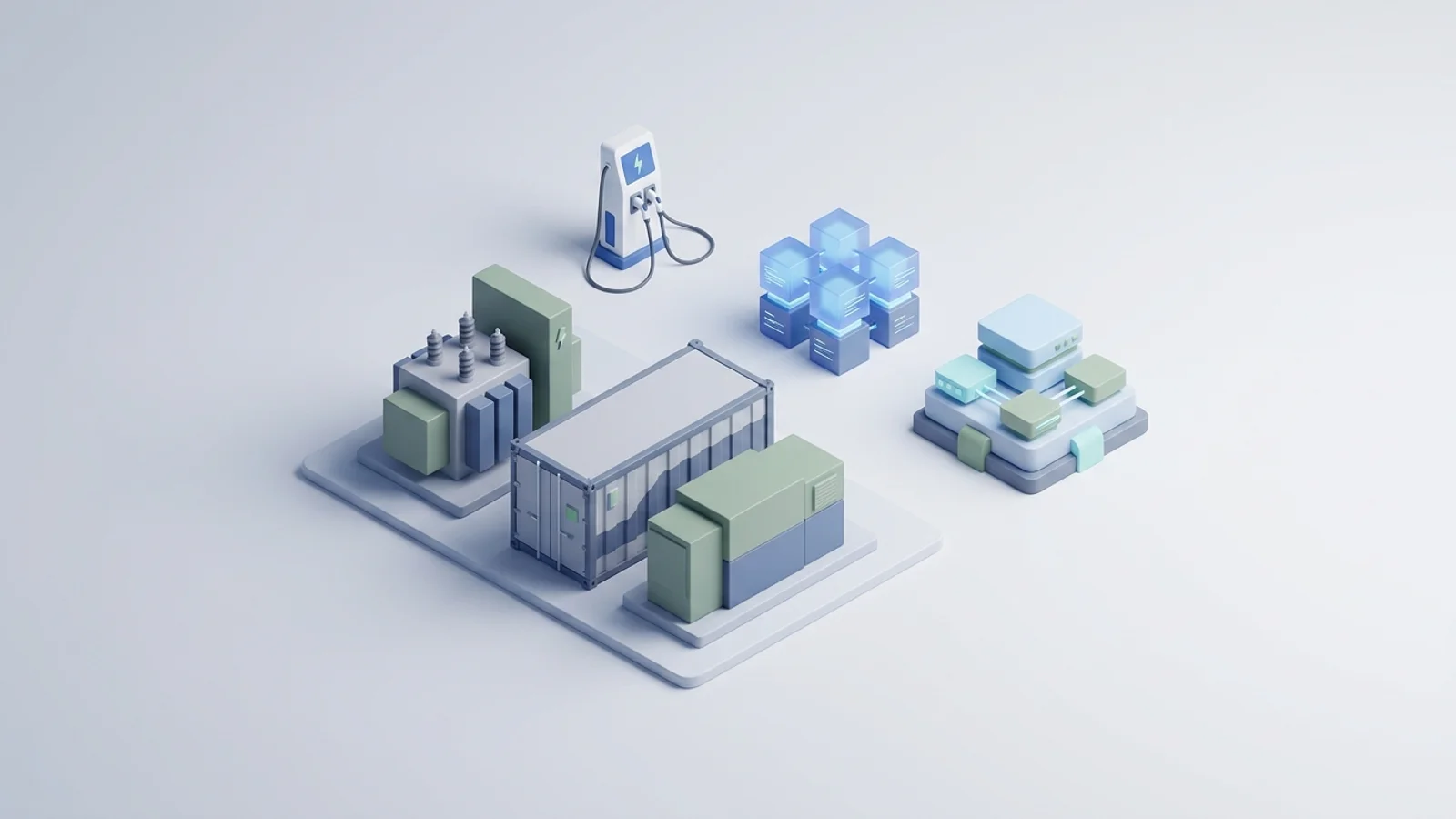 Isometric 3D illustration of battery container and substation with EV charger station and analytics node cluster