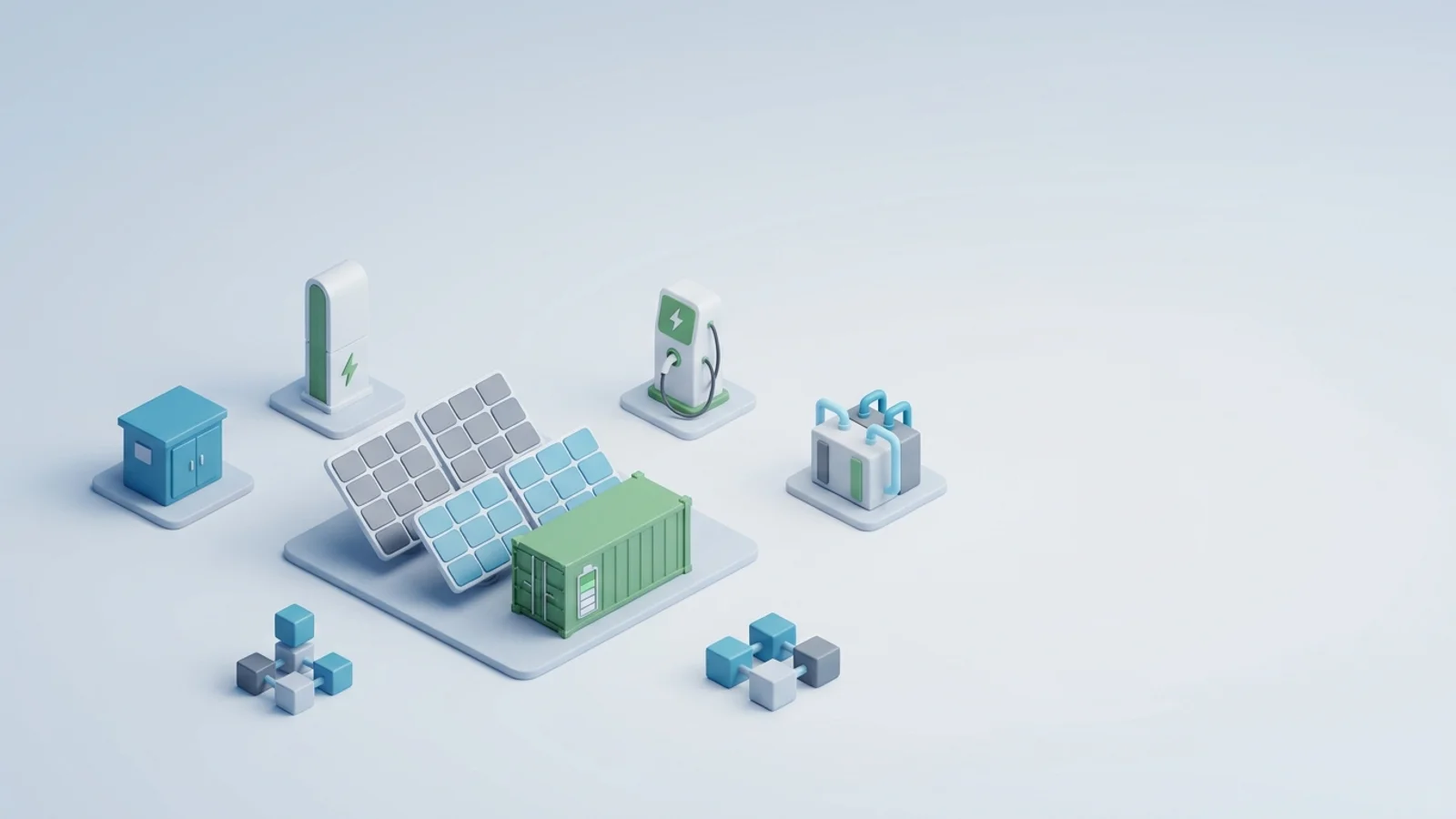 Isometric 3D illustration of solar array and battery container with substation and EV charger station