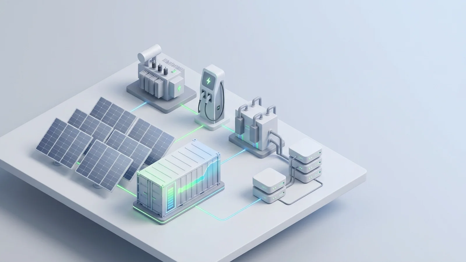 Isometric 3D illustration of solar array and battery container with substation and EV charger station