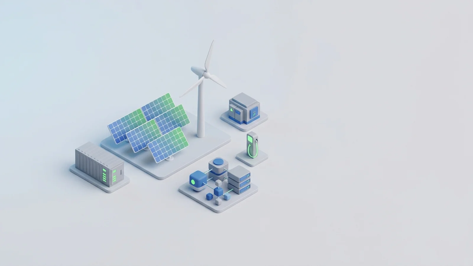 Isometric 3D illustration of solar array and wind turbine with battery container and substation