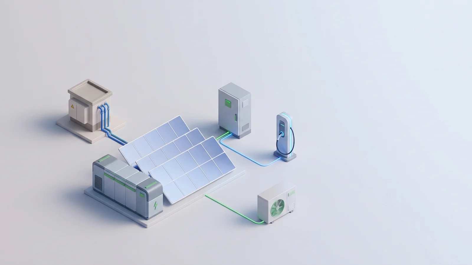 Isometric 3D illustration of solar array and battery container with substation and inverter cabinet