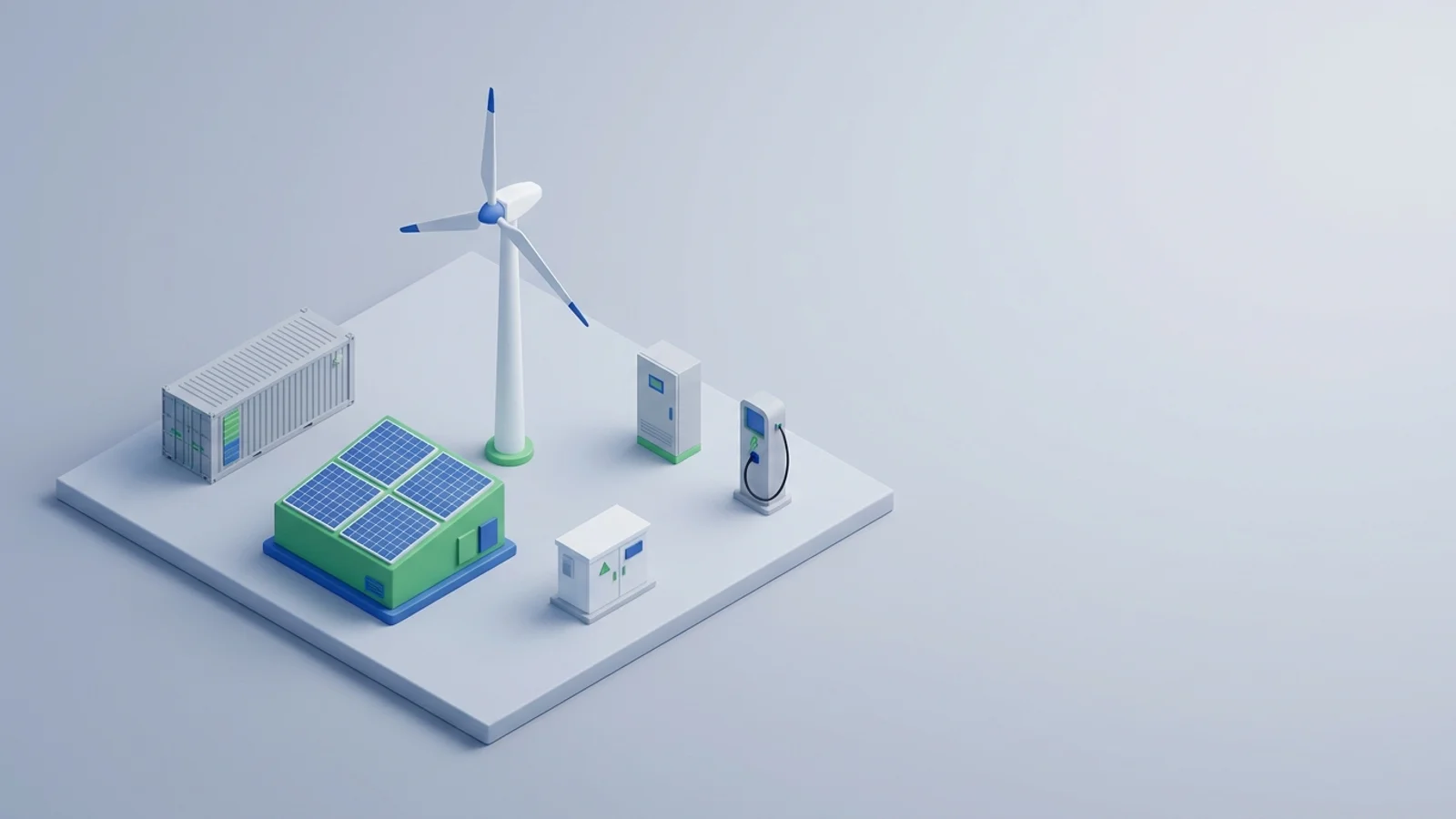 Isometric 3D illustration of solar array and wind turbine with battery container and substation