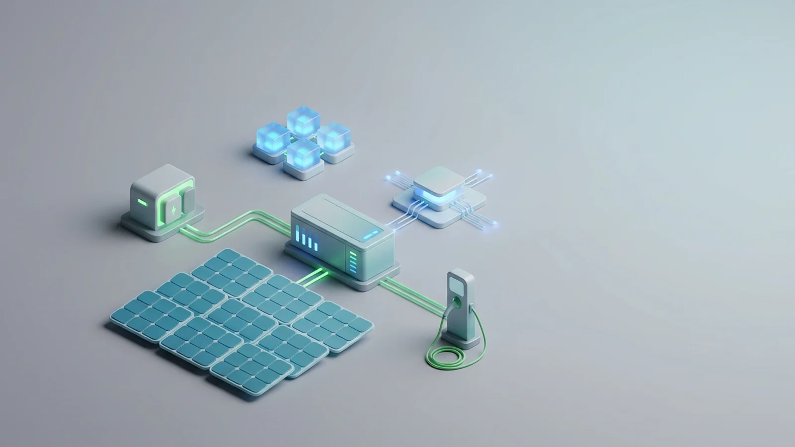 Isometric 3D illustration of solar array and battery container with substation and EV charger station