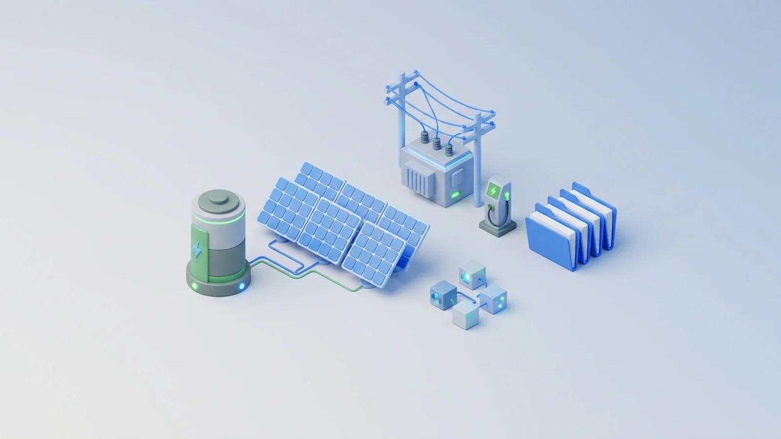 Isometric 3D illustration of solar array and battery container with substation and EV charger station