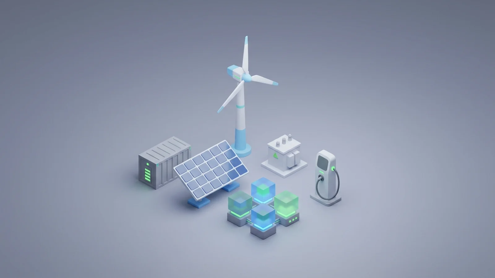 Isometric 3D illustration of solar array and wind turbine with battery container and substation