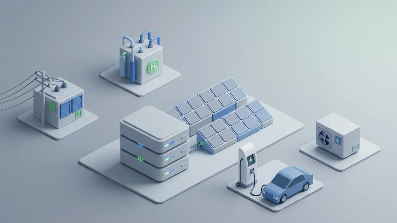 Isometric 3D illustration of solar array and battery container with substation and EV charger station