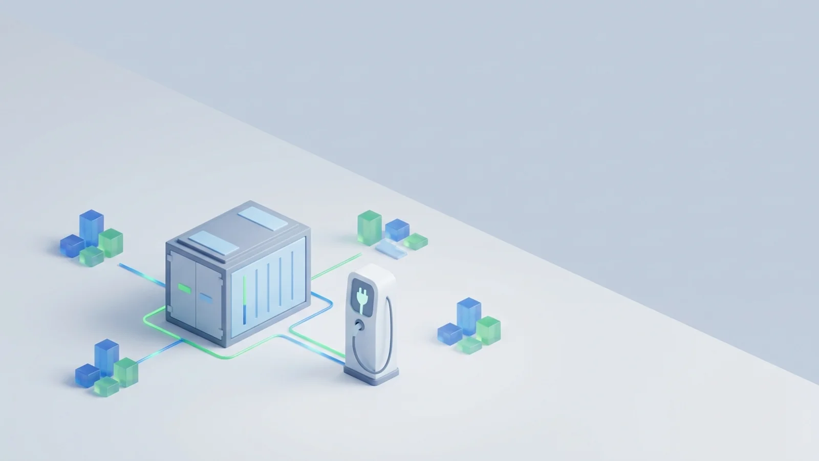 Isometric 3D illustration of battery container and EV charger station with analytics node cluster and token blocks