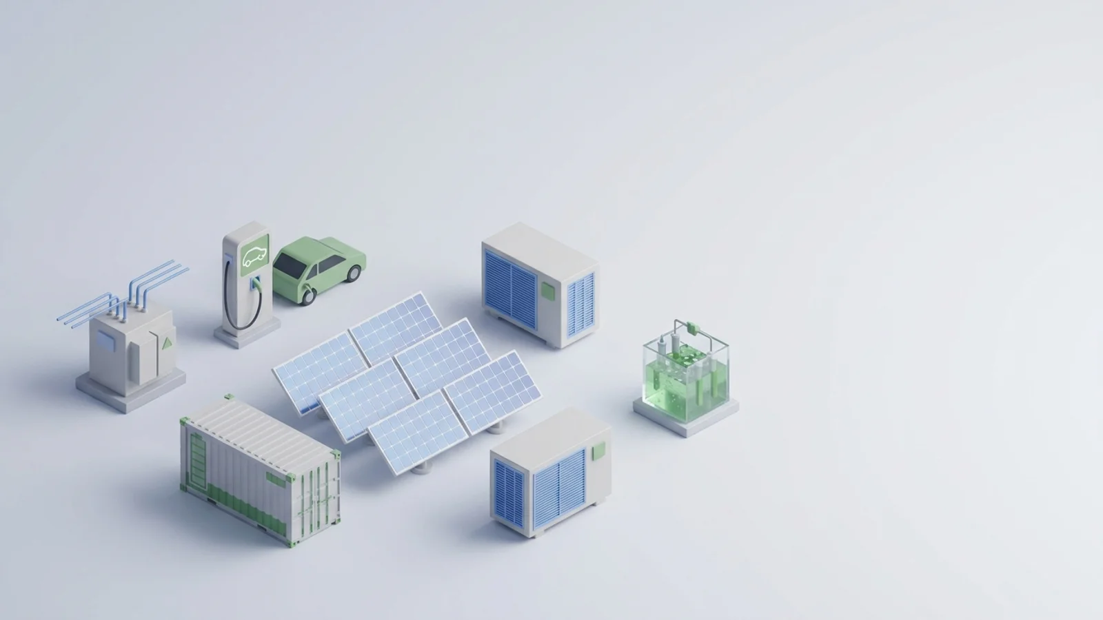 Isometric 3D illustration of solar array and battery container with substation and EV charger station