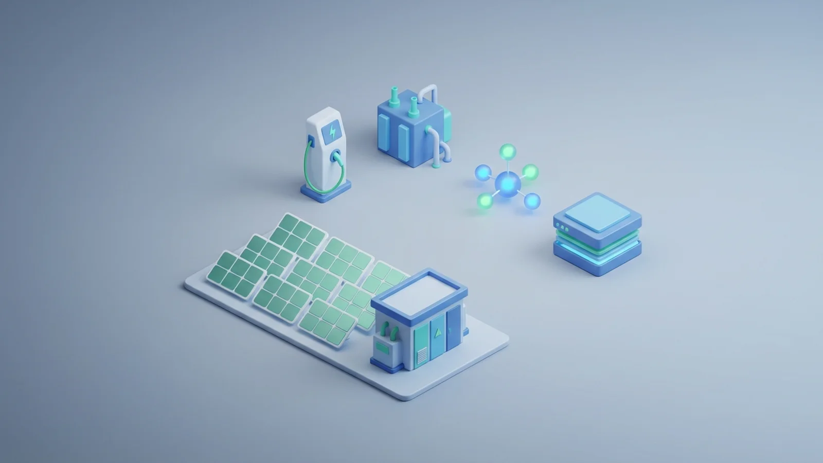 Isometric 3D illustration of solar array and substation with EV charger station and electrolyzer block
