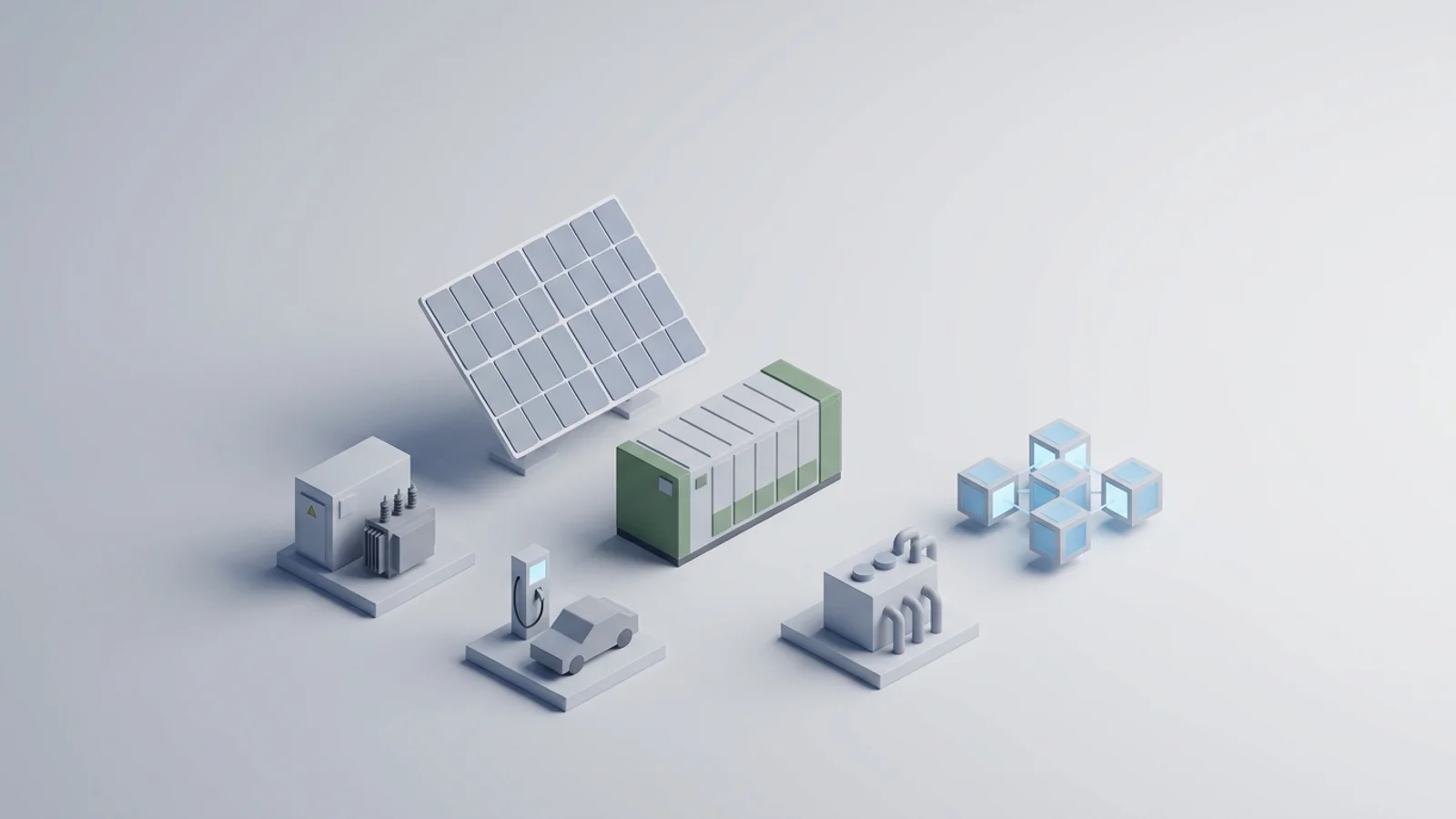 Isometric 3D illustration of solar array and battery container with substation and EV charger station