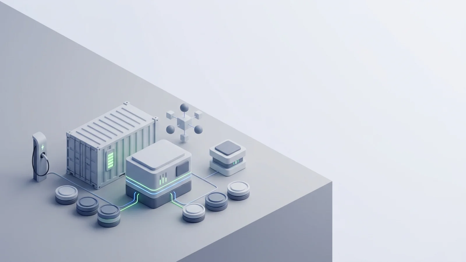 Isometric 3D illustration of battery container and substation with EV charger station and analytics node cluster