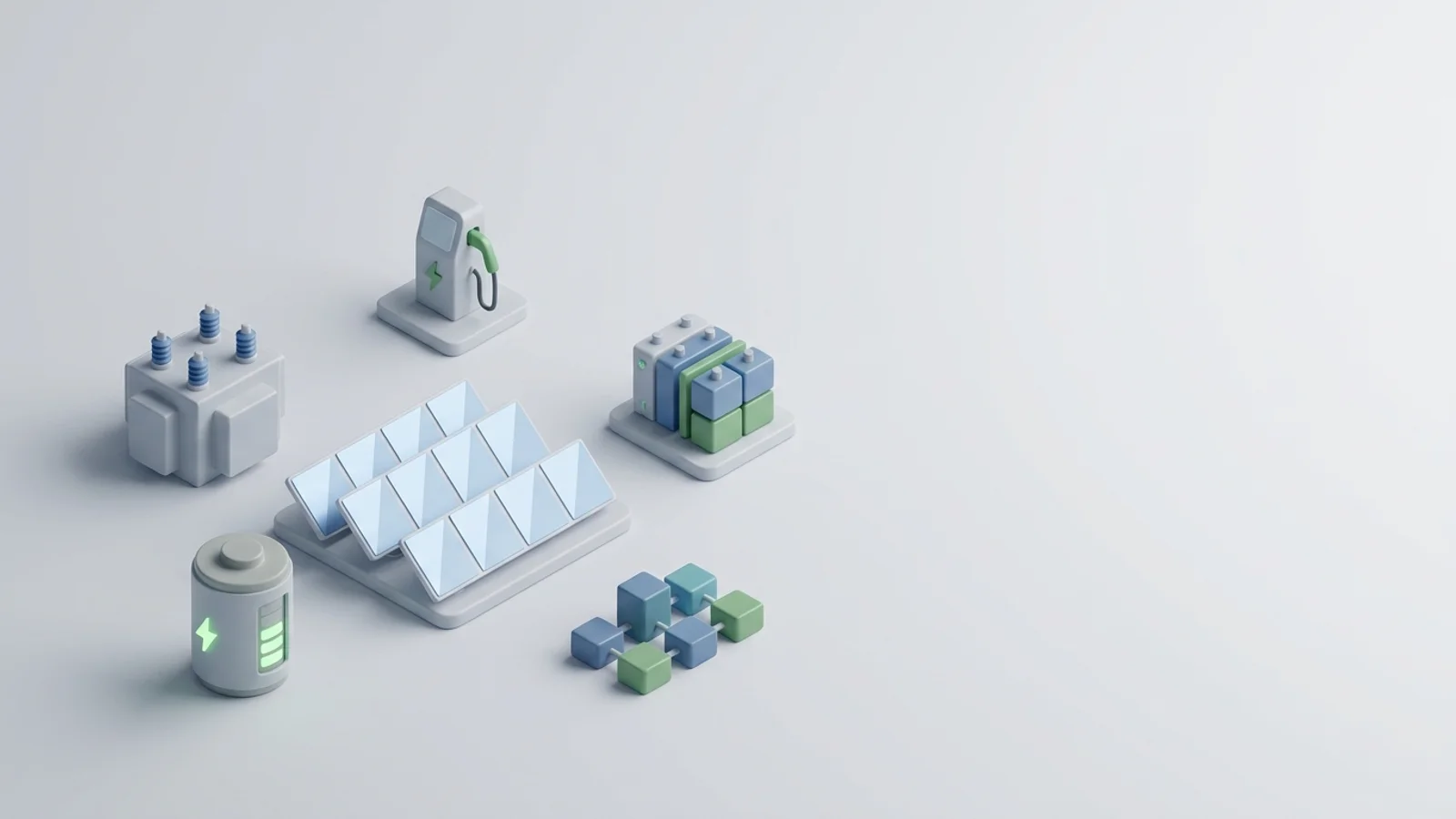 Isometric 3D illustration of solar array and battery container with substation and EV charger station
