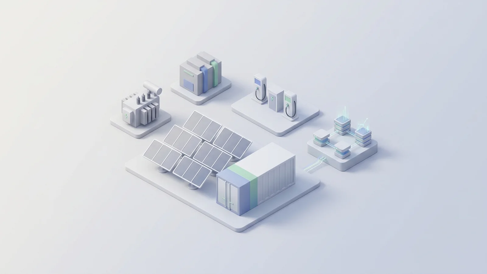 Isometric 3D illustration of solar array and battery container with substation and EV charger station