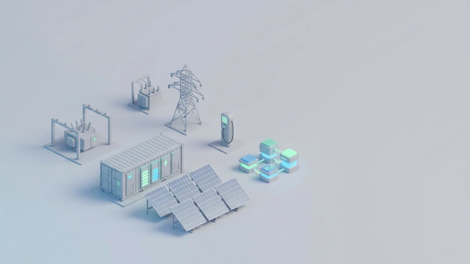 Isometric 3D illustration of solar array and battery container with substation and transmission tower
