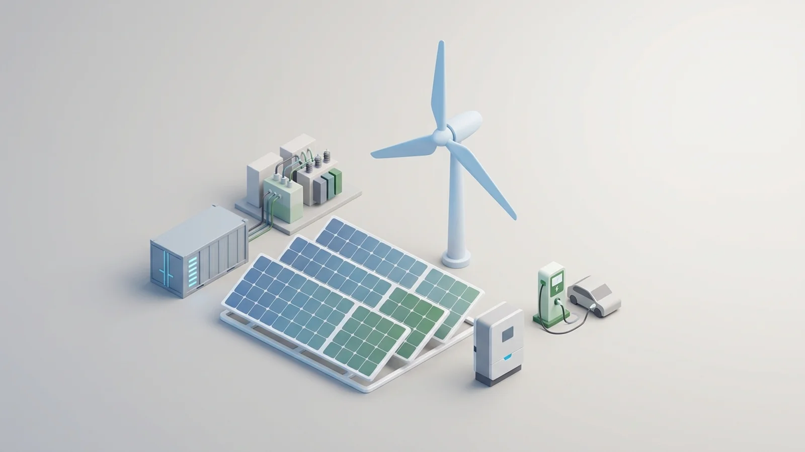 Isometric 3D illustration of solar array and wind turbine with battery container and substation