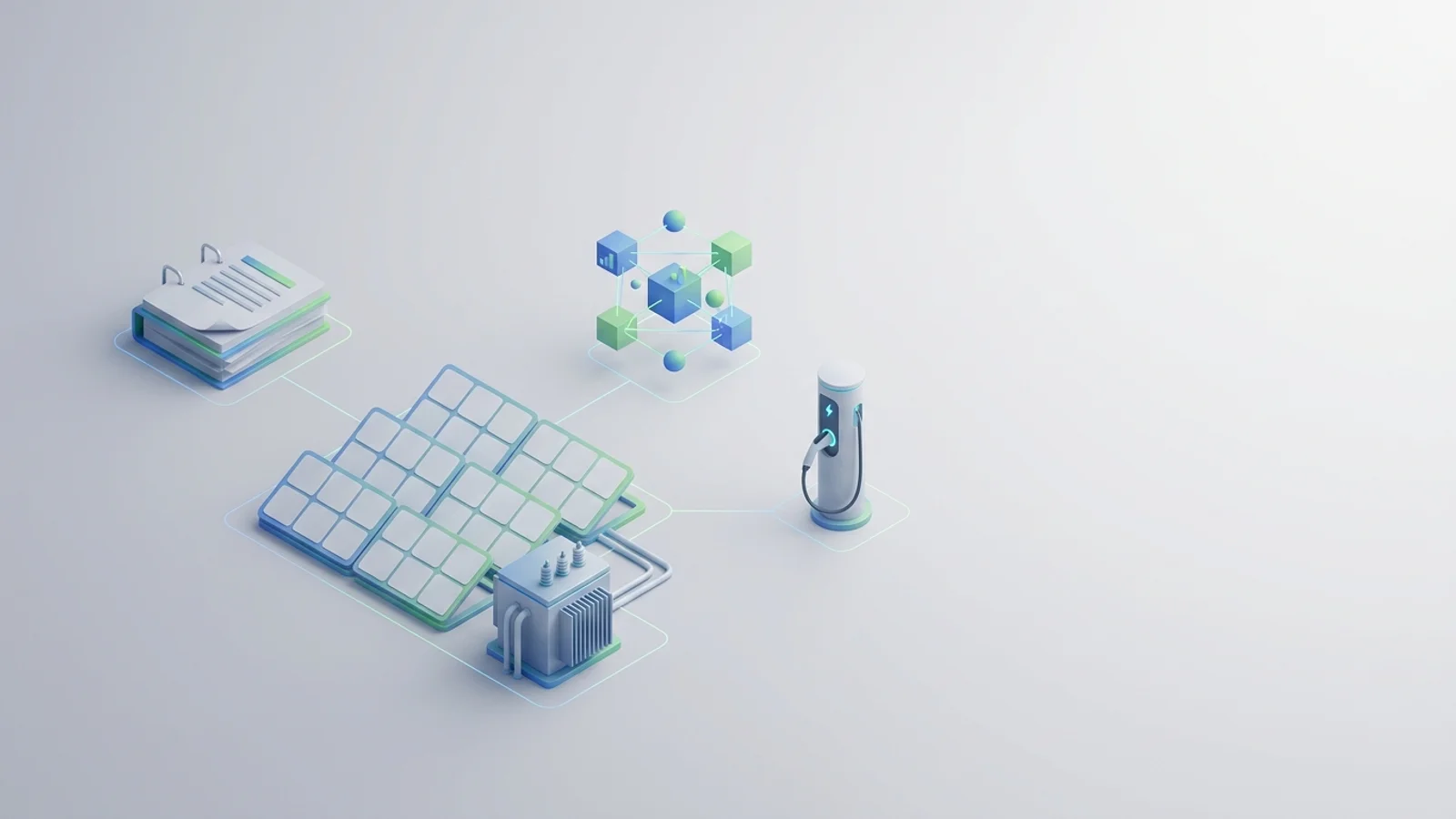 Isometric 3D illustration of solar array and substation with EV charger station and analytics node cluster